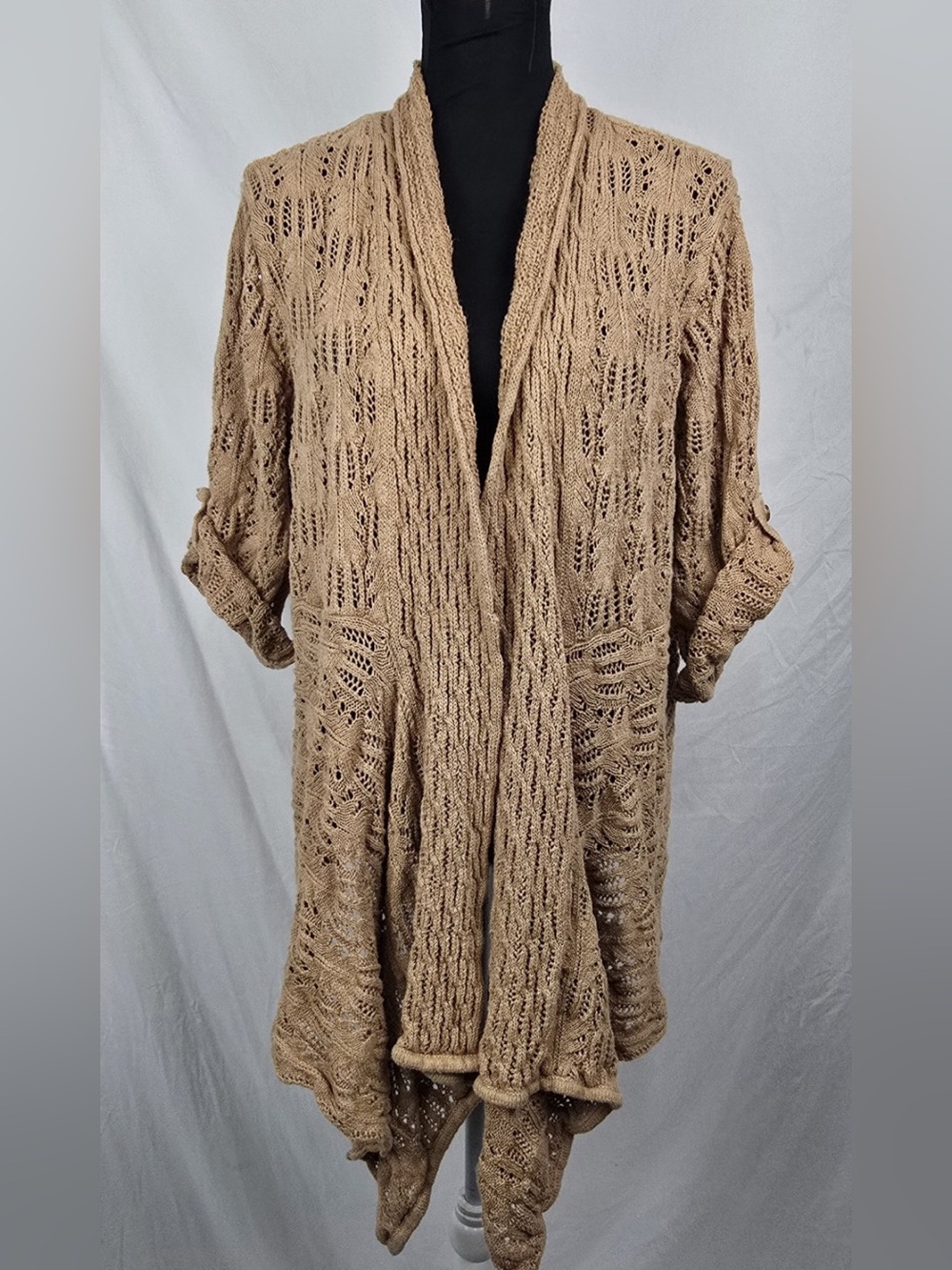 Woman Within Open Front Assymetrical Boho Crochet 3/4 Sleeve Cardigan sz 1X